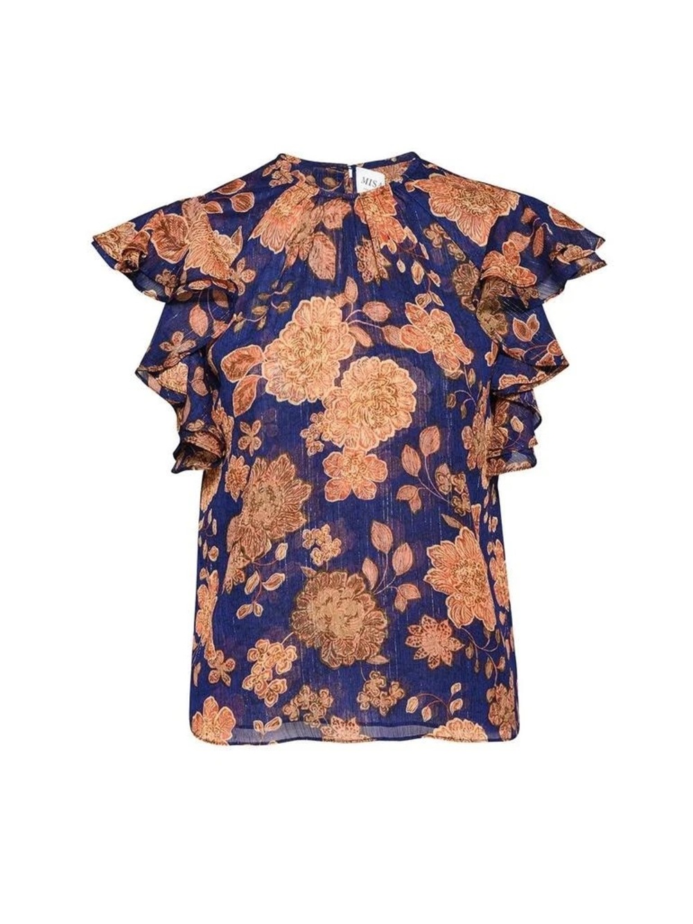 Misa Los Angeles Navy Blue Top with Peach Floral Print and Ruffle Sleeves